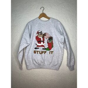Vintage 1988 Warner Bros Taz Christmas Sweatshirt Artex Gray Mens Large STUFF IT